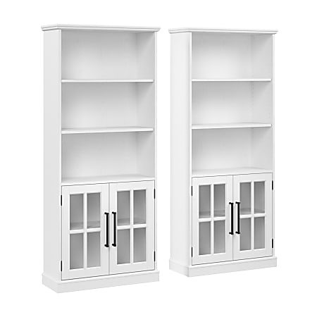 Bush Furniture Westbrook 5-Shelf Bookcases With Glass Doors, White Ash/Restored Tan Hickory, Standard Delivery, Set Of 2 Bookcases