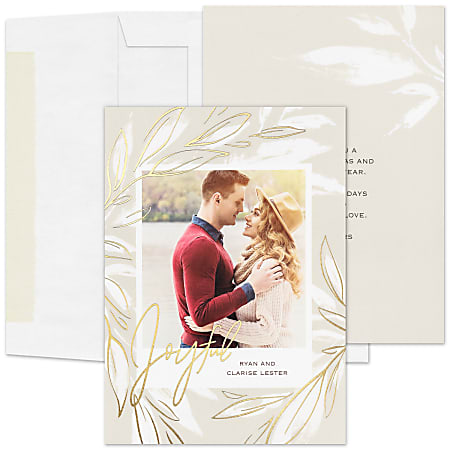 Custom Embellished Photo Holiday Cards And Envelopes, 5" x 7", Soft Botanical, Box Of 25 Cards