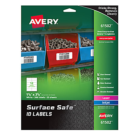 Avery® Water Resistant Surface Safe® ID Labels, 61502, Rectangle, 1-5/8" x 3-5/8", White, Pack Of 300