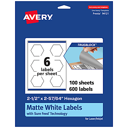 Avery® Print-To-The-Edge TrueBlock® Labels With Sure Feed®, 94121-TWMP100, Hexagon, 2-1/2" x 2-57/64", Matte White, Pack Of 600