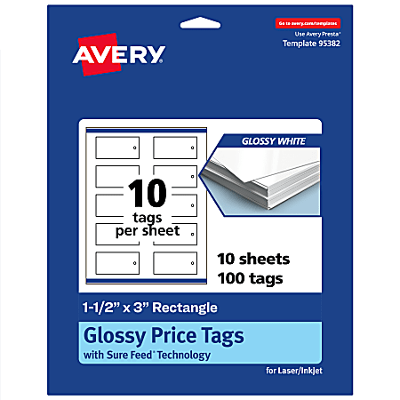 Avery® Print-To-The-Edge Price Tags With Sure Feed® Technology, 1-1/2"x3" Rectangle, Glossy White, Pack Of 100, 95382GWT10