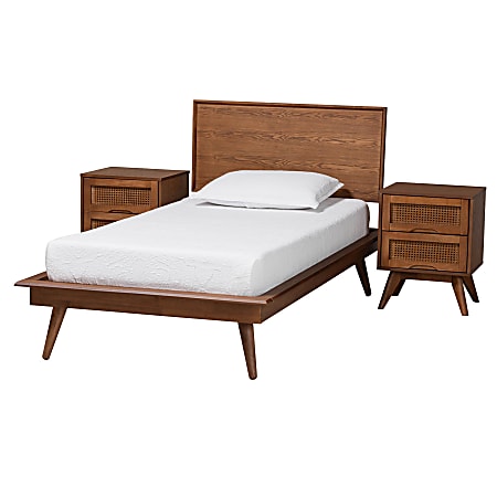Baxton Studio Melora Mid-Century Modern Finished Wood/Rattan 3-Piece Bedroom Set, Twin Size, Walnut Brown