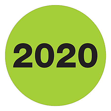Tape Logic® 2020 Year Labels, Circle, DL6818, 2", Fluorescent Green, Roll Of 500 Labels