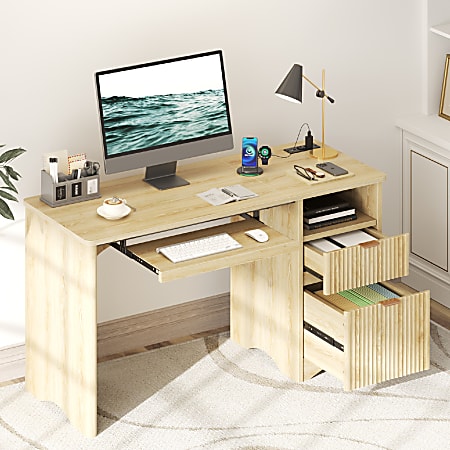 Bestier 55" Computer Desk With Power Outlets, 2 Storage Drawers And Keyboard Tray, Natural
