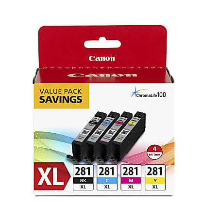Canon® CLI-281XL ChromaLife 100+ High-Yield Black And Cyan, Magenta, Yellow Ink Tanks, Pack Of 4, 2091C005