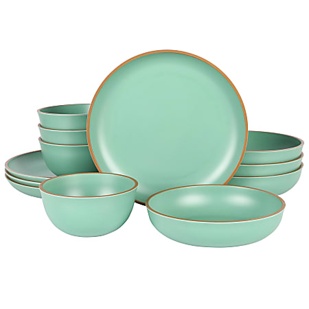 Gibson Home Rockabye 12-Piece Double Bowl Melamine Dinnerware Set, Green
