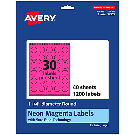 Avery® Print-To-The-Edge Labels With Sure Feed® Technology, 94505-NMP40, Round, 1-1/4", Matte Neon Magenta, Pack of 1200