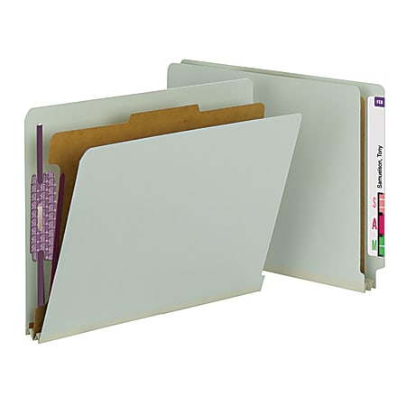 Smead® Full End-Tab Classification Folder With SafeSHIELD Fastener, 1 Divider, 4 Partitions, Straight Cut, Letter Size, 60% Recycled, Gray/Green