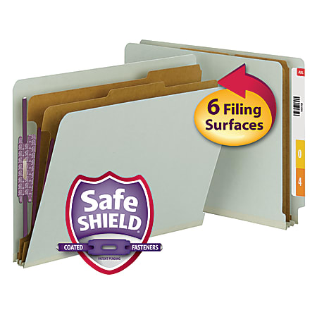 Smead® Full End-Tab Classification Folder With SafeSHIELD Fastener, 2 Dividers, 6 Partitions, Straight Cut, Letter Size, 60% Recycled, Gray/Green