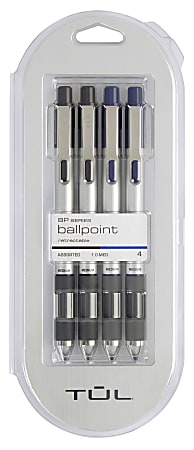 TUL® BP Series Retractable Ballpoint Pens, Medium Point, 1.0 mm, Silver Barrels, Assorted Inks, Pack Of 4 Pens