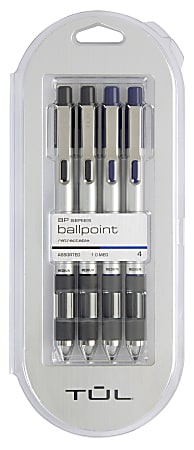 TUL® Retractable Ballpoint Pens, Medium Point, 1.0 mm, Silver Barrels, Assorted Inks, Pack Of 4 Pens