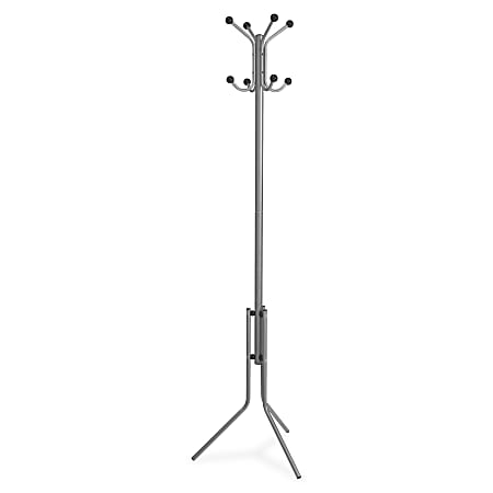 Lorell Tripod Base Coat Rack - 4 Hooks - 4 Pegs - 63.4" Height x 19" Width - for Coat, Jacket, Hat, Scarf - Metal - Silver - Powder Coated - 1 Each