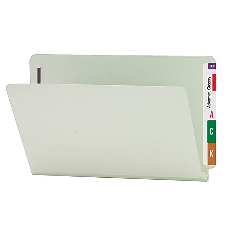 Smead&reg; Pressboard End-Tab Folders With Fasteners, Straight Cut, 1" Expansion, Legal Size, Gray/Green, Pack Of 25