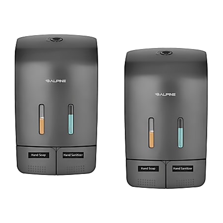 Alpine Wall-Mounted Dual Soap/Hand Sanitizer Dispensers, 9-13/16"H x 5-3/4"W x 3-3/4"D, Gray, Pack Of 2 Dispensers