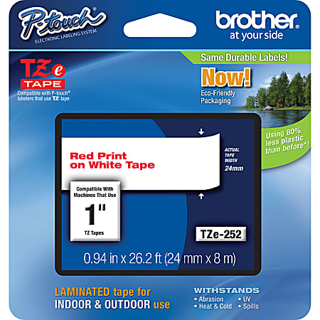 Brother® TZe-252 Red-On-White Tape, 1" x 26.2'