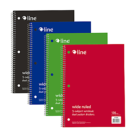 C-Line Wide Rule Spiral Notebooks, 9” x 11”, 3 Subject, 120 Sheets, Assorted Colors, Pack Of 12 Notebooks