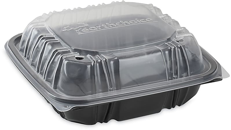 Pactiv Evergreen EarthChoice® Vented Dual-Color Microwavable Hinged-Lid Containers, 1-Compartment, Black/Clear, Pack Of 150 - DC858100B000