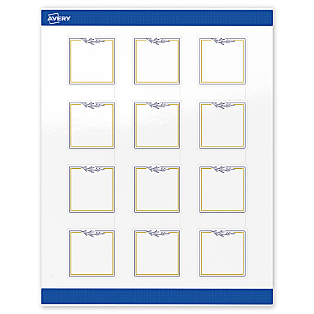 Avery® Print-To-The-Edge Labels & Sure Feed®, S00-DNH-PRWGP10, 2" x 2", Glossy White, Preprinted Gold & Navy Border & Floral Design, Pack Of 120