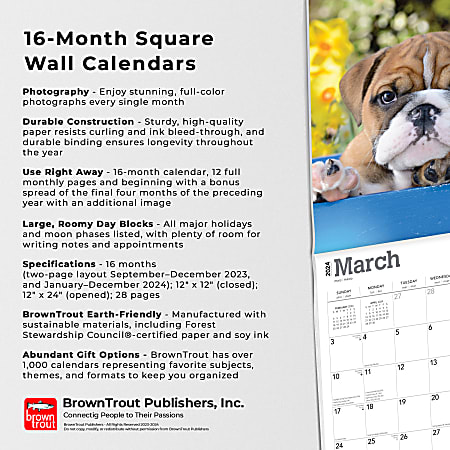 2024 Brown Trout Monthly Square Wall Calendar, 12” x 24”, Bulldog