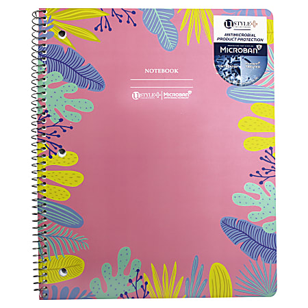 U Style Antimicrobial Notebook With Microban® Antimicrobial Protection, 8-1/2" x 10-1/2", 1 Subject, Wide Ruled, 80 Sheets, Pink/Tropical