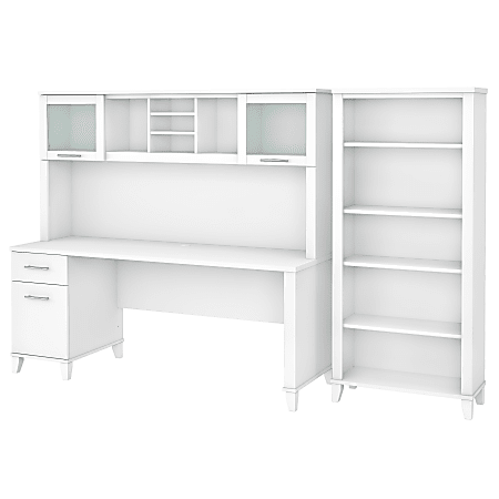 Bush Furniture Somerset 72"W Office Desk With Hutch And 5-Shelf Bookcase, White, Standard Delivery