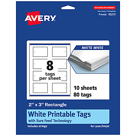 Avery® Printable Tags With Sure Feed® Technology, 95270-MWT10, Rectangle, 2" x 3", Matte White, Pack Of 80
