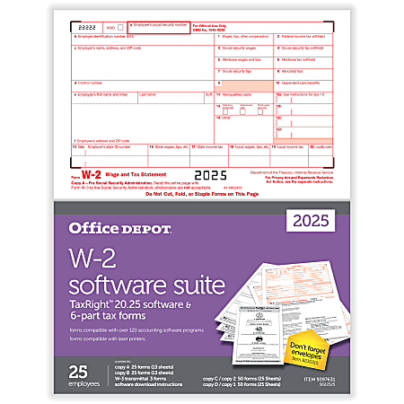 Office Depot® W-2 Laser Tax Forms With Software, 6-Part, 2-Up, 8-1/2" x 11", Pack Of 25 Form Sets, 5622525