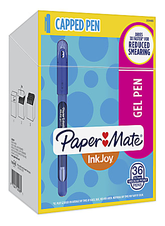 Paper Mate® InkJoy Gel 600ST Stick Pens, Medium Point, 0.7 mm, Blue Barrel, Pure Blue Joy Ink, Pack of 36 Pens