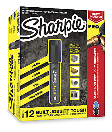 Sharpie® PRO Permanent Markers, Chisel Tip, Medium Point, Black/Gray Barrel, Black Ink, Pack Of 12 Markers