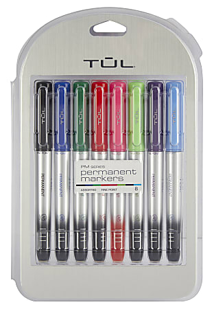 TUL® Permanent Markers, Fine Point, Silver Barrel, Assorted Ink Colors, Pack Of 8 Markers