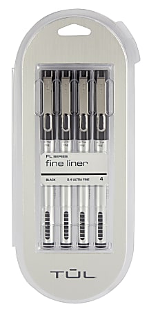 TUL® Fine Liner Felt-Tip Pens, Ultra-Fine, 0.4 mm, Silver Barrel, Black Ink, Pack Of 4 Pens 