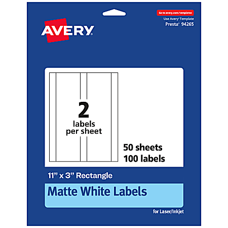 Avery® Permanent Labels, 94265-WMP50, Rectangle, 11" x 3", White, Pack Of 100