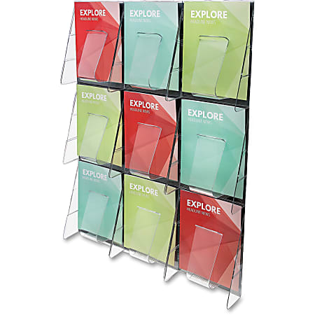 Deflecto Stand-Tall® Pre-Assembled Wall System, 9 Magazine Compartments, 35 3/4"H x 27 1/2"W x 3 3/8"D, Clear/Black