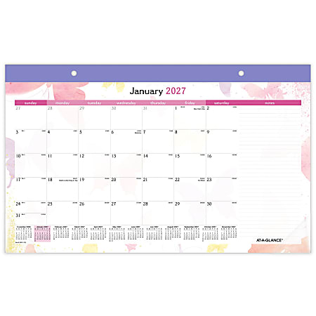AT-A-GLANCE® Watercolors 2027 Monthly Desk Pad Calendar, Compact, 17 3/4" x 11"