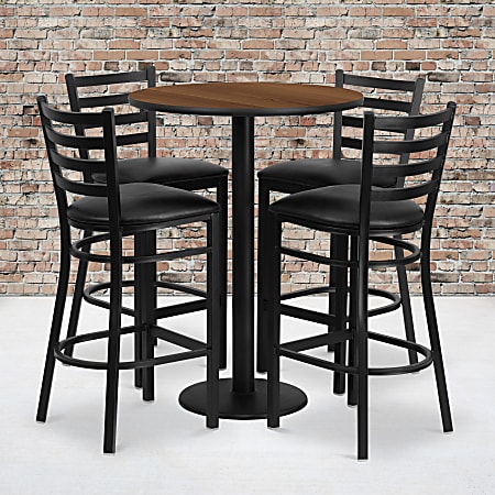 Flash Furniture Round Table And 4 Ladder-Back Bar Stools, 42”H x 30”W x 30”D, Walnut/Black