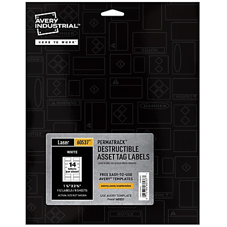 Avery® PermaTrack Destructible Asset Tag Labels, 60537, 1-1/4" x 2-3/4", Matte White, Pack Of 112 Labels