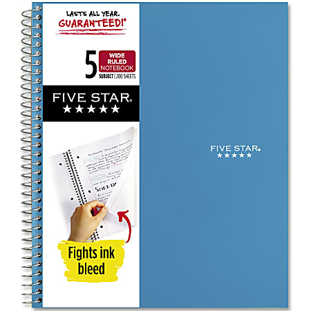 Five Star® Wirebound Notebook, 8" x 10-1/2", 5 Subject, Wide Ruled, 200 Sheets, Tidewater Blue