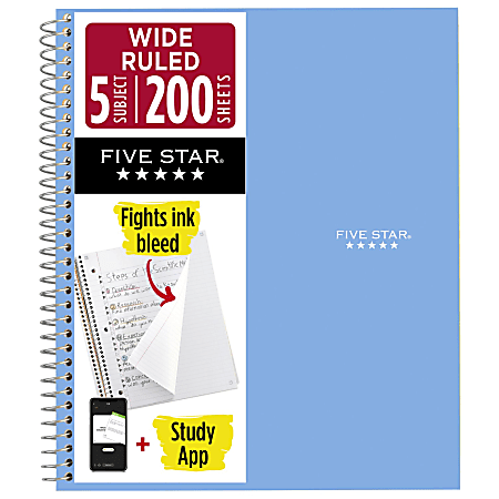 Five Star® Spiral Notebook Plus Study App, 5 Subject, Wide Ruled, 8" x 10 1/2", Sky Blue