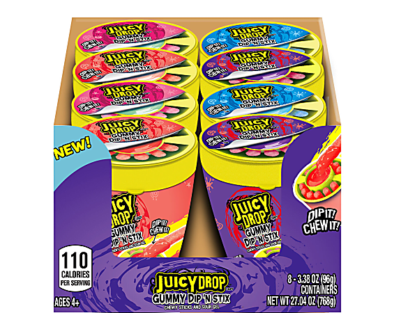 Bazooka Juicy Drop Gummy Dip 'N Stix Candy, 3.38 Oz, Box Of 8 Containers