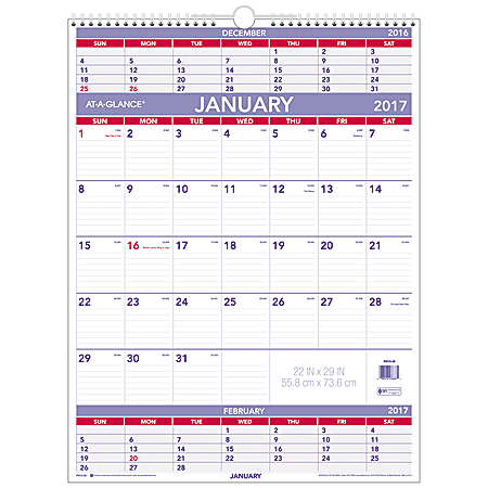 AT-A-GLANCE® 3-Month Wall Calendar, 22" x 29", 30% Recycled, January–December 2017