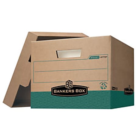 Bankers Box® R Kive® FastFold® Heavy-Duty Storage Box With Locking Lift-Off Lid And Built-In Handles, Letter/Legal Size, 15“ x 12" x 10", Kraft/Green