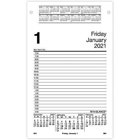 At-A-Glance Daily Pad-Style Desk Calendar Refill - Julian Dates - Daily - 1 Year - January 2021 till December 2021 - 7:00 AM to 4:30 PM - Half-hourly - 1 Day Single Page Layout - 5" x 8" Sheet Size - Desktop - White - Refillable - 1 Each
