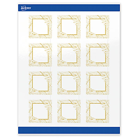 Avery® Printable Labels With Sure Feed® Technology, S00-EVT, Square, 2" x 2", Glossy White With Preprinted Gold Leaf Pattern, Pack Of 120