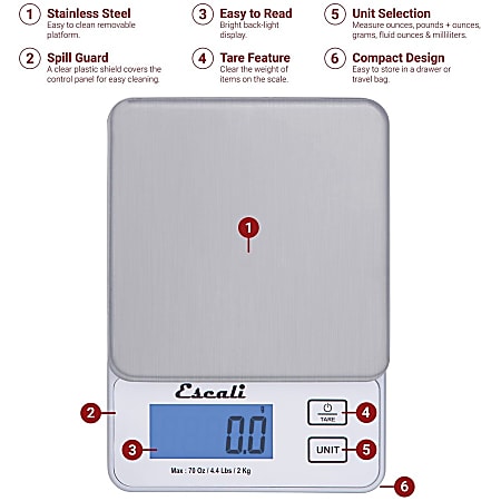 Escali Vera Precision Digital Scale 4.40 lb 2 kg Maximum Weight Capacity ODP Business Solutions