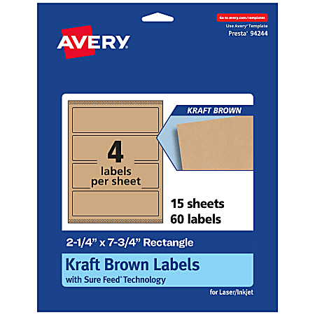 Avery® Kraft Permanent Labels With Sure Feed®, 94244-KMP15, Rectangle, 2-1/4" x 7-3/4", Brown, Pack Of 60