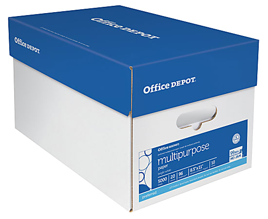 Office Depot® Multi-Use Printer & Copy Paper, White, Letter (8.5" x 11"), 5000 Sheets Per Case, 20 Lb, 96 Brightness, Case Of 10 Reams