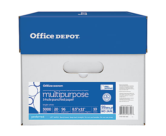 Office Depot® Brand 3-Hole Punched Multi-Use Printer & Copier Paper, Letter  Size (8 1/2 x 11), 5000 Total Sheets, 92 (