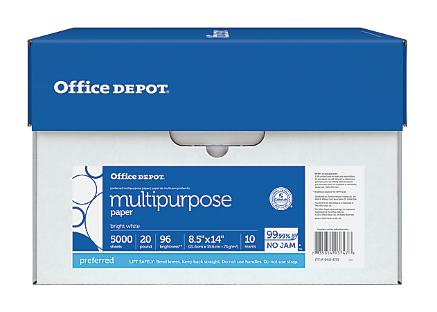 Office Depot Brand Multi-Use Paper, Letter Size (8 1/2 inch x 11 inch), 96 (U.S.) Brightness, 20 lb, White, Ream of 500 Sheets, Case of 10 Reams