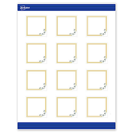 Avery® Print-To-The-Edge Cards With Sure Feed®, S00-DMX-PRMWC10, 2" x 2", Matte White, Preprinted Double Gold Border with Floral Design, Pack Of 120