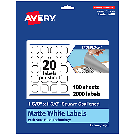 Avery® Print-To-The-Edge TrueBlock® Labels With Sure Feed®, 94110-TWMP100, Square Scalloped, 1-5/8" x 1-5/8", Matte White, Pack Of 2000